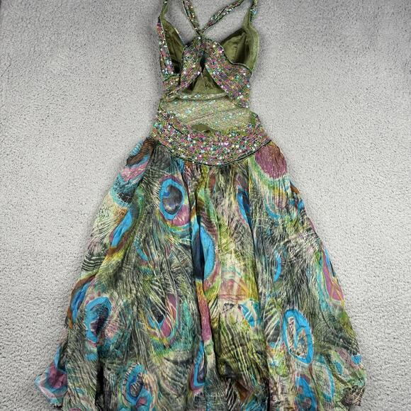 Jovani Women’s 2 Peacock Print Sequin Silk Open Back Halter Long Prom Gown Dress - Picture 5 of 12